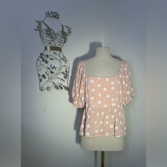 Crop top Floral Print Mesh Short Puff Sleeve Square Neck - Picture 1 of 6